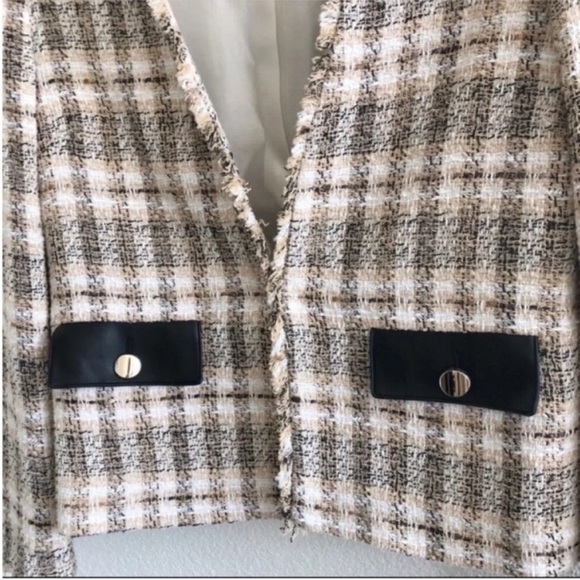 Zara Frayed Collarless V Neck Tweed Plaid Blazer - Picture 4 of 8